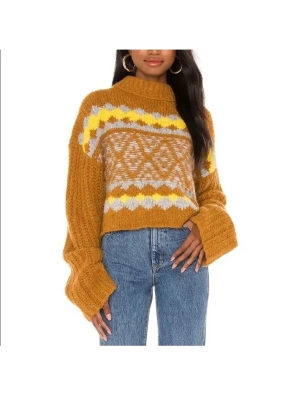 Free People Cropped Sweater Size S Cozy Alpine Mock Neck Alpaca Wool Blend - Picture 1 of 12